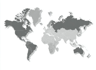 Fototapeta premium Flat gray vector illustration of world map white background, showcasing various countries and regions different shades of gray. This minimalist design emphasizes geographical outlines and borders