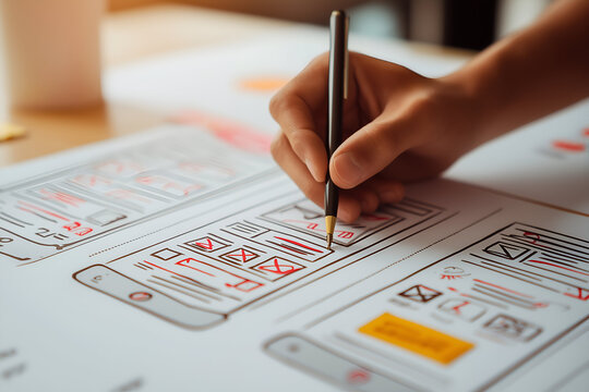 Hand Drawing Mobile App Design with Pen on Paper, Interface Sketch, motion blur Business concept, motion bokeh background