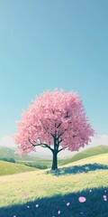 Naklejka premium Beautiful pink tree stands tall in a lush green field, with a clear blue sky above it. The scene is calm and tranquil, with the tree providing a sense of peace and serenity