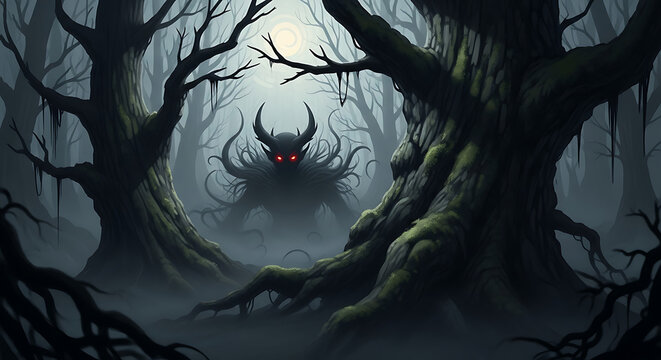 Mysterious Demonic Creature Lurking in a Dark Enchanted Forest.