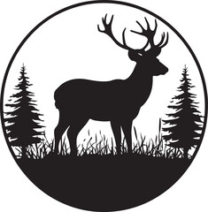 Elegant Silhouette Deer in the Forest vector illustration featuring a majestic deer standing among trees and nature.