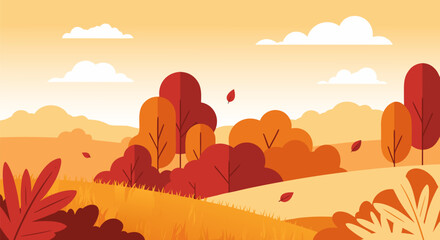 Vibrant autumnal landscape illustration featuring colorful fall trees, rolling hills, and falling leaves under a soft sky, capturing the essence of the season's beauty