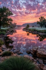 Obraz premium Golden Sunrise Embrace A Tranquil Lake Reflecting a Vibrant Sky and Nature s Awakening Beauty