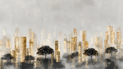 eco city, sustainable architecture, renewable energy, wind turbines, green urban landscape, environmental art, abstract cityscape, gold texture, minimalism, clean energy, modern design, future city
