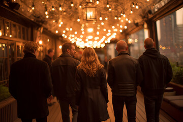 Fototapeta premium Group Walking Under Warm Lights in City At Night, motion blur Business concept, motion bokeh background