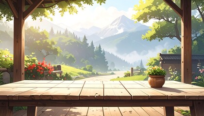 Scenic Mountain Landscape from a Wooden Table with Flowers in the Foreground