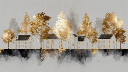 eco city, sustainable architecture, renewable energy, wind turbines, green urban landscape, environmental art, abstract cityscape, gold texture, minimalism, clean energy, modern design, future city