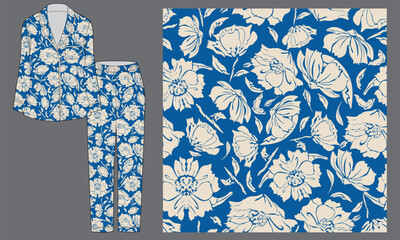 Seamless botanical vector pattern. Delicate peony flowers outlined in ivory on a deep blue background. Designed for use in apparel, pajamas, home textiles, gift wraps, wallpaper, feminine art 