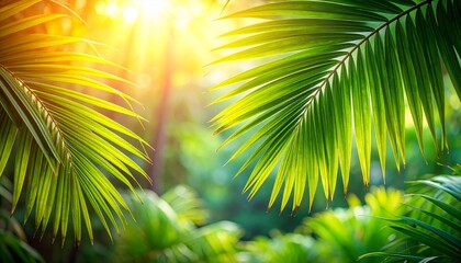 Obraz premium A vibrant closeup of lush green palm tree leaves showing the tropical nature of summer foliage