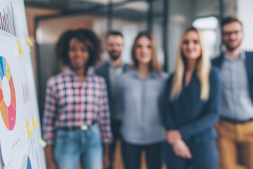 Diverse Team Standing Together Near Graphs in Office Blurred Background, motion blur Business concept, motion bokeh background