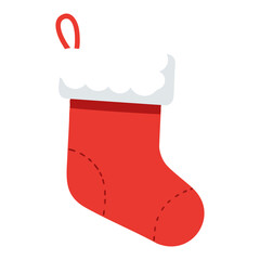 Red Christmas stocking with white fur trim and hanging loop