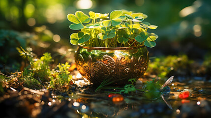 Lush green grass surrounds a decorative pot filled with vibrant flowers in a tranquil forest clearing. Sunlight filters through trees, enhancing the beauty of spring.