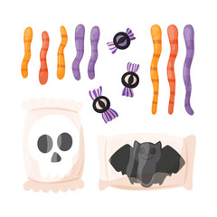 Gummy candies, jelly sweets set. Chewy fruit gummy worms, fun candy eyes and marshmallow skull. Sugar food, gelatin snacks. Cute chewable Halloween confectionery. Vector illustration.