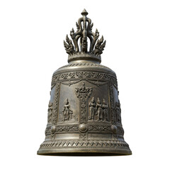 Antique golden bell with intricate religious carvings isolated studio shot isolated on transparent background