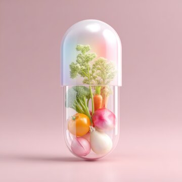 Nutrient Capsule: A transparent capsule, filled with vibrant vegetables and herbs, symbolizing the essence of natural health and wellness.