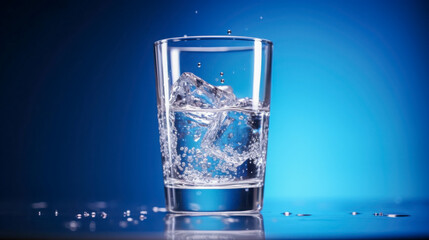 Sparkling drink with ice cubes in a glass, served in a lively bar setting during the evening hours