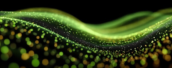 Abstract digital waves with glowing green and gold dots on a dark background