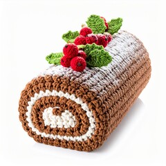 Brown Crocheted Christmas Yule Log with Red Berries and Green Leaves on White