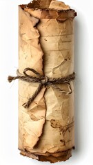 Aged Parchment Scroll Tied with Jute String on White Backdrop in Dramatic Lighting
