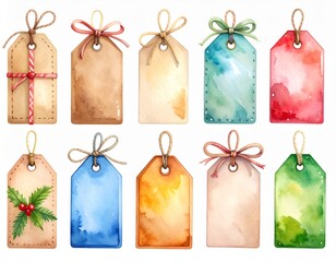 Collection of Watercolor Holiday Gift Tags Isolated on White Background