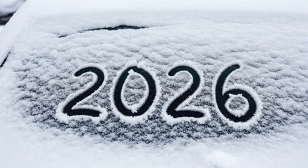 New Year 2026 written on a snowy car window