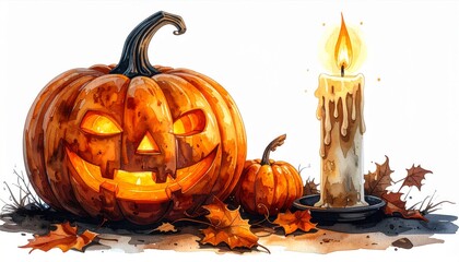 Watercolor Halloween Scene With Glowing Pumpkin Candle and Autumn Leaves