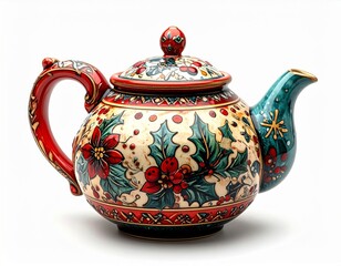 Festive Ceramic Teapot with Red and Green Floral Pattern on White Background