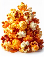 Pile of Caramel Corn and White Cheddar Popcorn on a White Background under Bright Studio Lighting