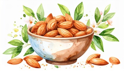 Watercolor Almonds in Bowl with Greenery and Blossoms Illustration