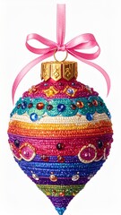 Colorful Beaded Christmas Ornament with Pink Ribbon on a White Background Still Life Decoration