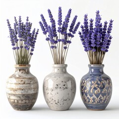 Three Vases with Lavender Flower Arrangements on White Background Display