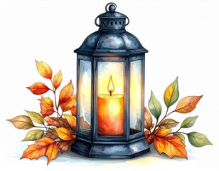 Watercolor Lantern With Lit Candle Surrounded by Colorful Autumn Leaves Still Life on White
