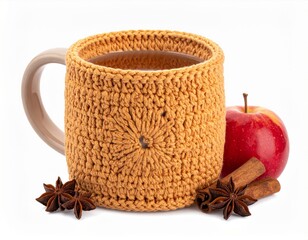 Cozy Mug with Crocheted Cover an Apple and Cinnamon Sticks on a White Backdrop