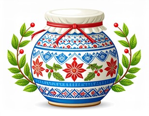 Ornate Blue and Red Floral Ceramic Jar with Red Ribbon and Green Wreath