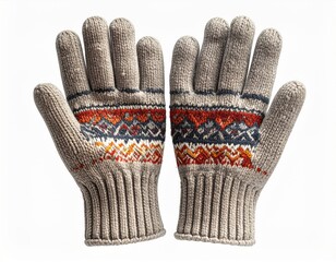 Pair of Knitted Winter Gloves with Colorful Geometric Pattern Isolated on White