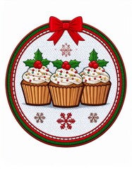 Pixel Art Christmas Cupcakes with Bow in Round Border Festive Design