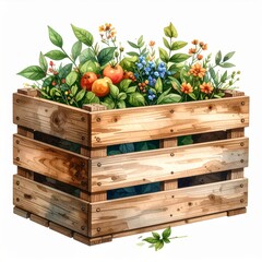 Wooden Crate Filled with Lush Green Plants and Vibrant Flowers Watercolor Style