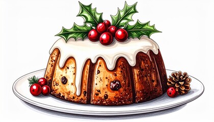 Festive Christmas Pudding with White Icing on Ceramic Plate Illustration