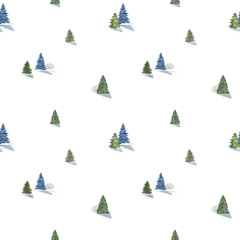 Obraz premium Seamless watercolor pattern of winter pine trees with shadows. Hand-painted Christmas trees on snow, perfect for fabric, wrapping paper, and holiday designs.
