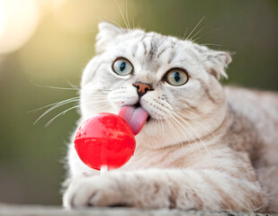 A cute and funny cat licking a red lollipop, showing playful expression and wide eyes. Great for candy, humor, and adorable animal themed projects.