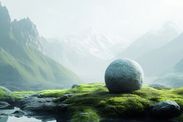 Large boulder sits on a grassy hillside in front of a mountain range. The scene is serene and peaceful, with the boulder appearing to be a natural part of the landscape