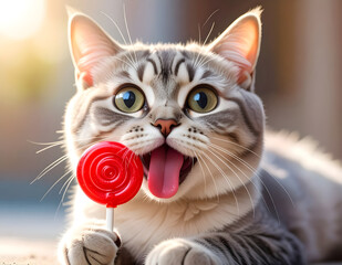 A cute and funny cat licking a red lollipop, showing playful expression and wide eyes. Great for candy, humor, and adorable animal themed projects.