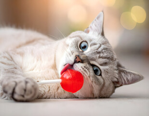 A cute and funny cat licking a red lollipop, showing playful expression and wide eyes. Great for candy, humor, and adorable animal themed projects.