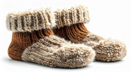 Fototapeta premium Cozy Warm Knitted Wool Slippers in Brown and Beige on White Background