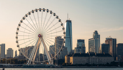 Obraz premium Evening Ferris Wheel and Cityscape Captured at Sunset