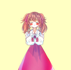 両手を合わせて握りしめるロリータ服の女性