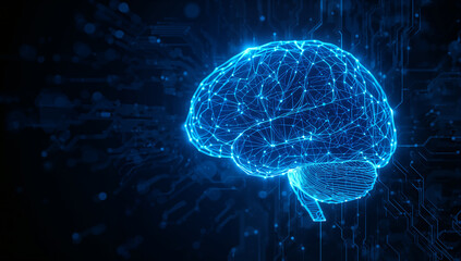 Blue Neon Brain Design with Digital Elements and Patterns