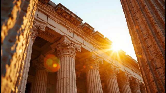 Ancient stone column facade bathed in golden hour sunlight with lens flare warm classical architecture symmetrical Corinthian texture