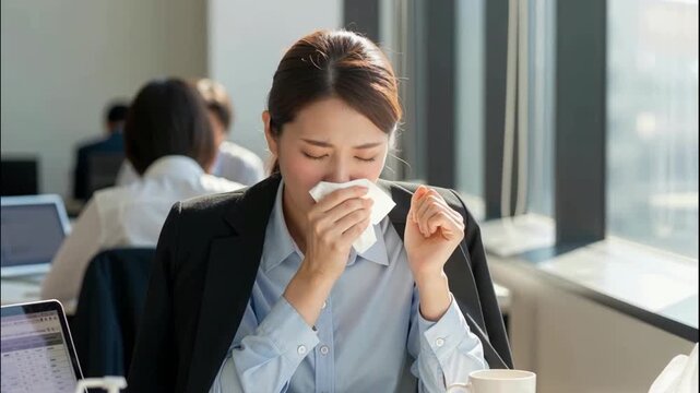 オフィスで鼻をかむ体調の悪い女性社員