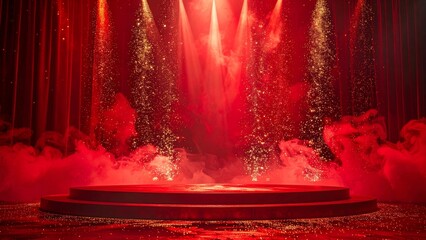 Dramatic Stage with Red Curtains, Golden Glitter, and Smoky Atmosphere Awaits the Performance to Begin Spectaculary